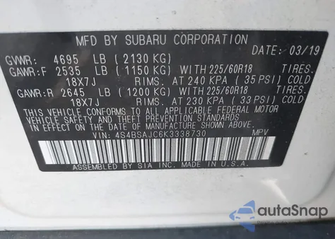 2019 Subaru Outback 2.5I Limited из США, поврежденный, VIN 4S4BSAJC6K3338730